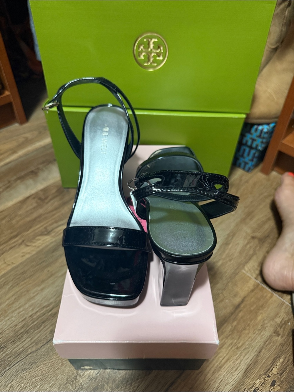 Nine West Black Patent Block Heel Sandals with Ankle Strap